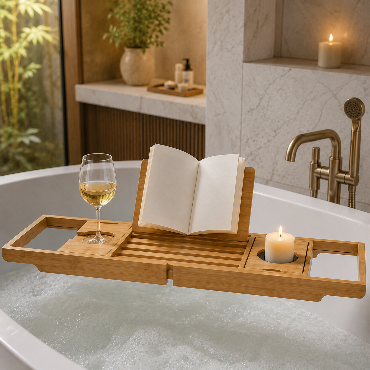 Bamboo bath caddy tray on bathtub with candle book and drink in luxury bathroom - image 3