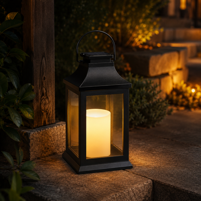 Black solar lantern outdoor light glowing in garden patio at night - image 2