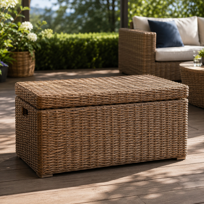Outdoor rattan storage basket with woven texture on patio or poolside lounge - image 2
