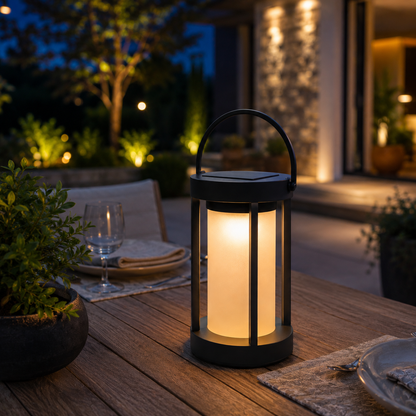 Portable black solar patio lantern glowing on outdoor terrace at night - image 2