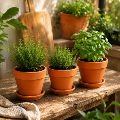 Terracotta herb planter set with green herbs on sunny patio garden table - image 3